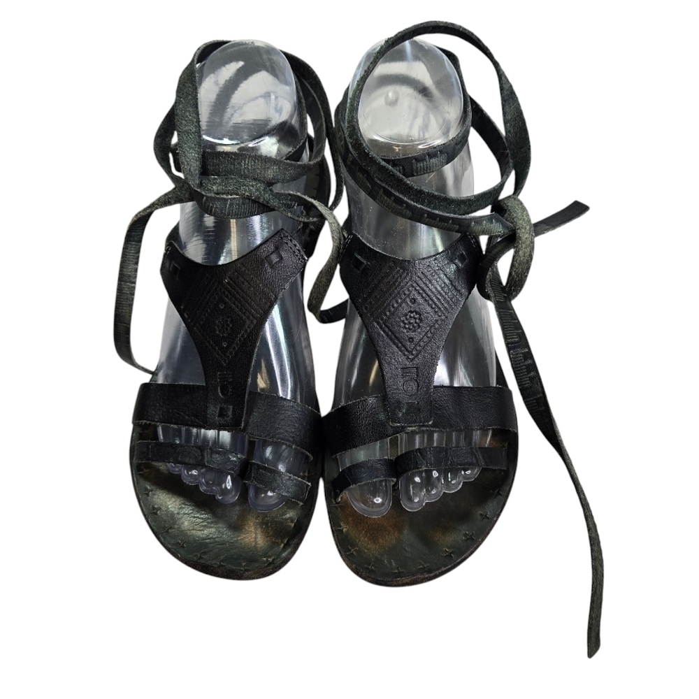 Free People black leather boho hippie gladiator ankle wrap sandals - Picture 5 of 14